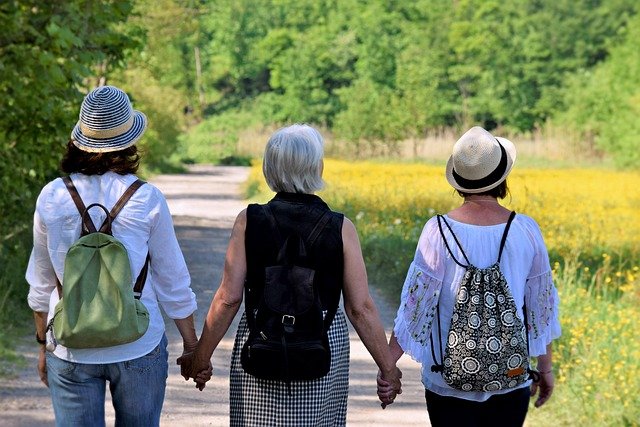 women, girlfriends, nature, walk, friendship, together, happy mothers day, hike, cohesion, help, affection, generations, mother, pleasure, trust, path, future, old, menopause, connectedness, life, excursion, recreation, time out
